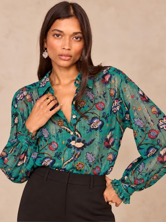 Scotch & Soda Tops - Scotch & Soda Maison Scotch Emerald Floral Sheer Metallic Blouse Size 6